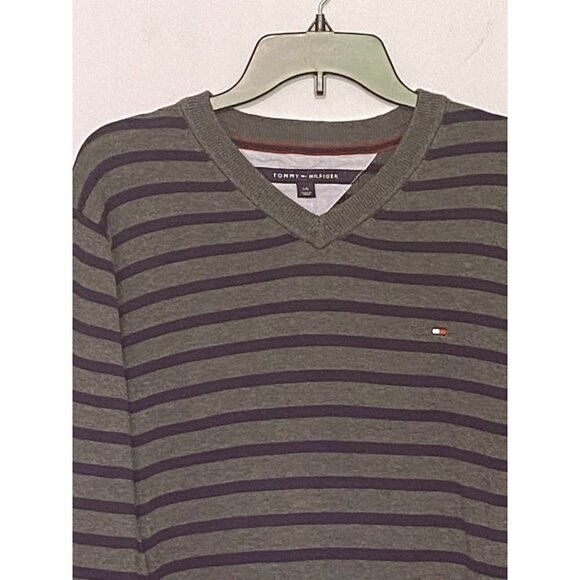 Tommy Hilfiger Flag Logo Striped Long Sleeves V-Neck Pima Cotton Sweater Men L - Picture 3 of 10
